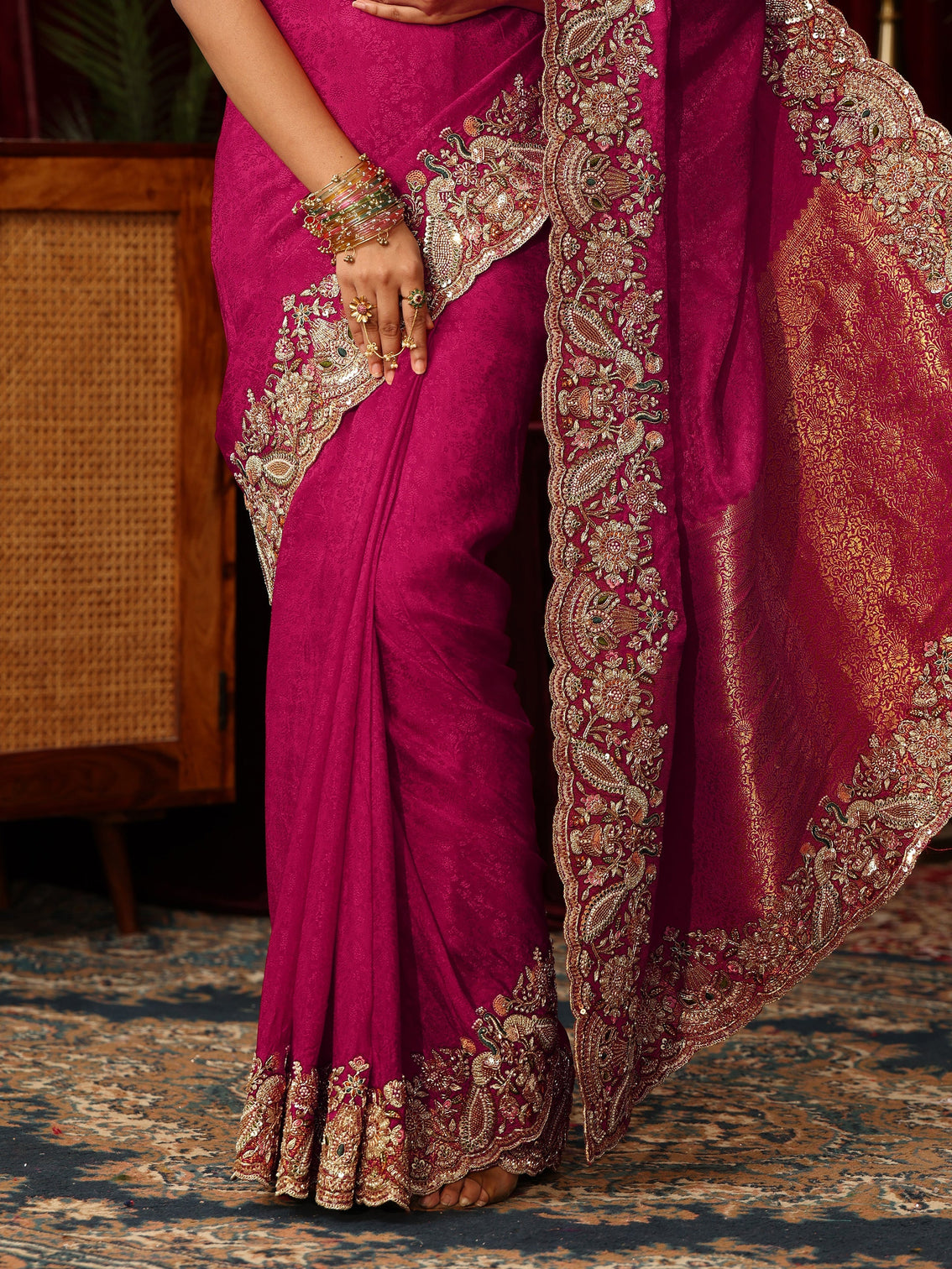 Mameraa Art Pink Silk Blend Saree with Zari and Sequin Embellished Border