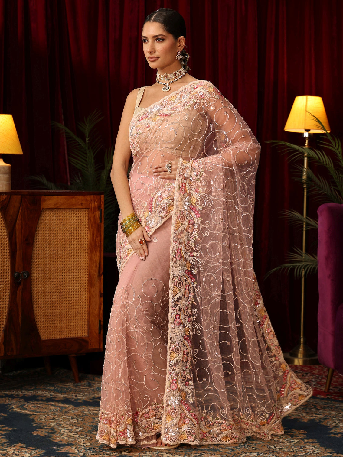 Mameraa Art Baby Pink Net Saree with Bead and Sequin Embellishment