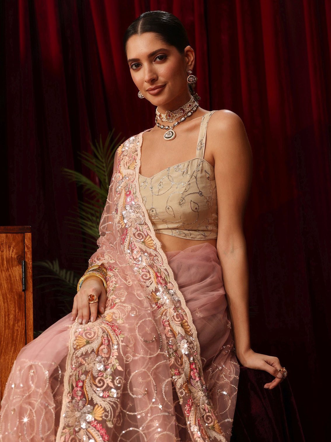 Mameraa Art Baby Pink Net Saree with Bead and Sequin Embellishment