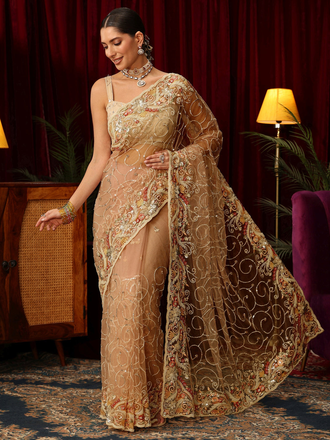 Mameraa Art Beige Net Saree with Bead and Sequin Embellishment