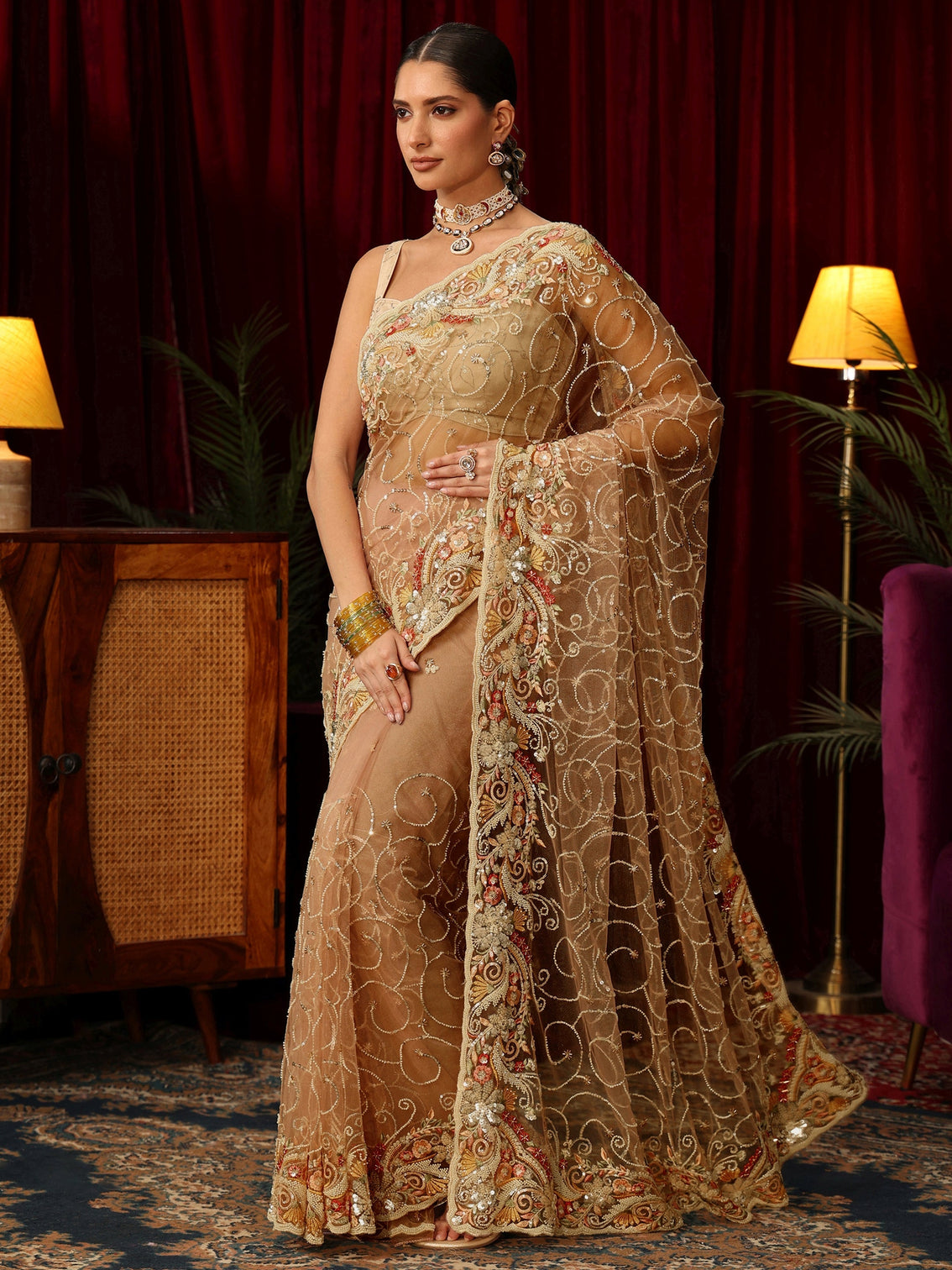 Mameraa Art Beige Net Saree with Bead and Sequin Embellishment