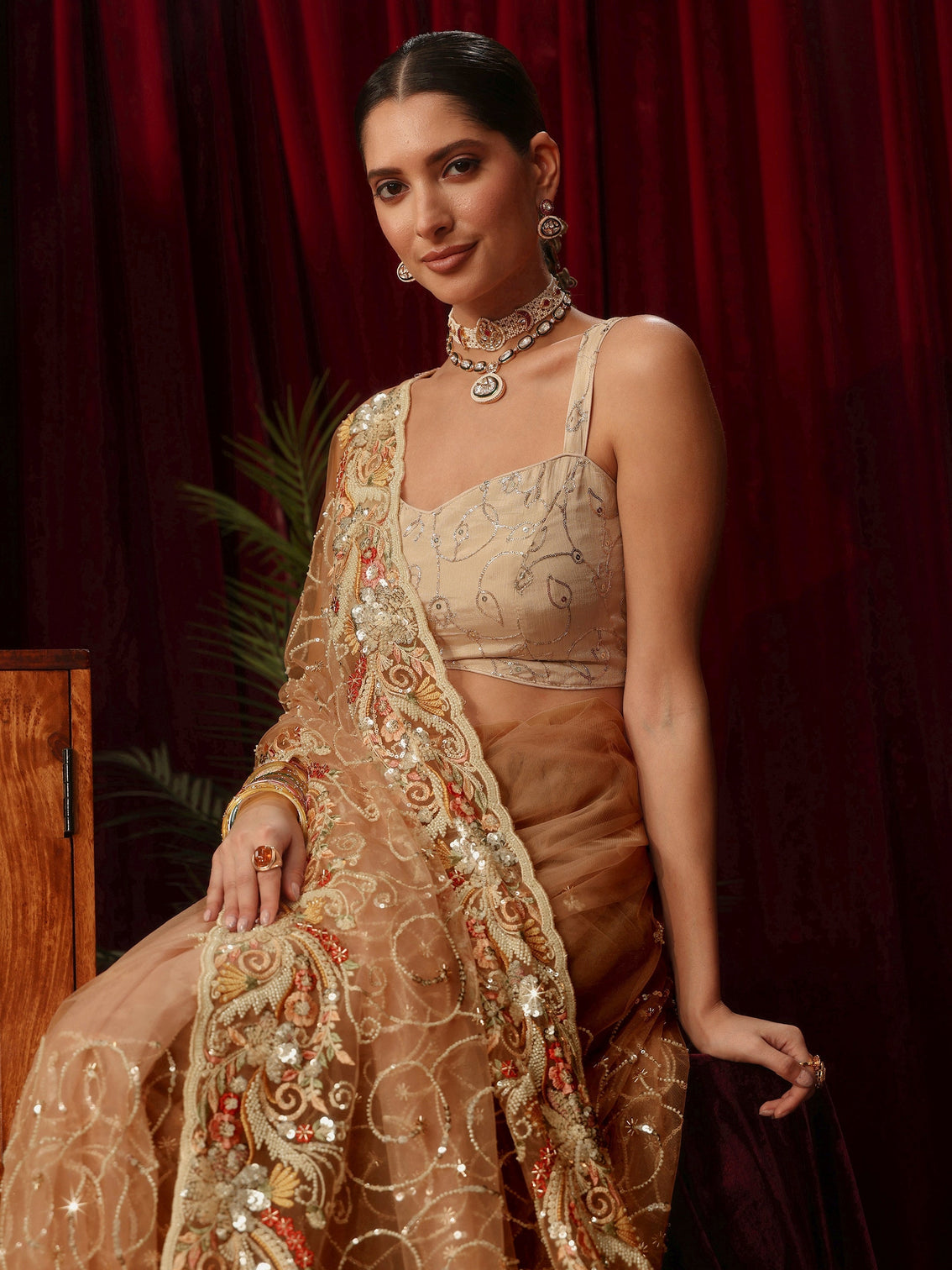 Mameraa Art Beige Net Saree with Bead and Sequin Embellishment