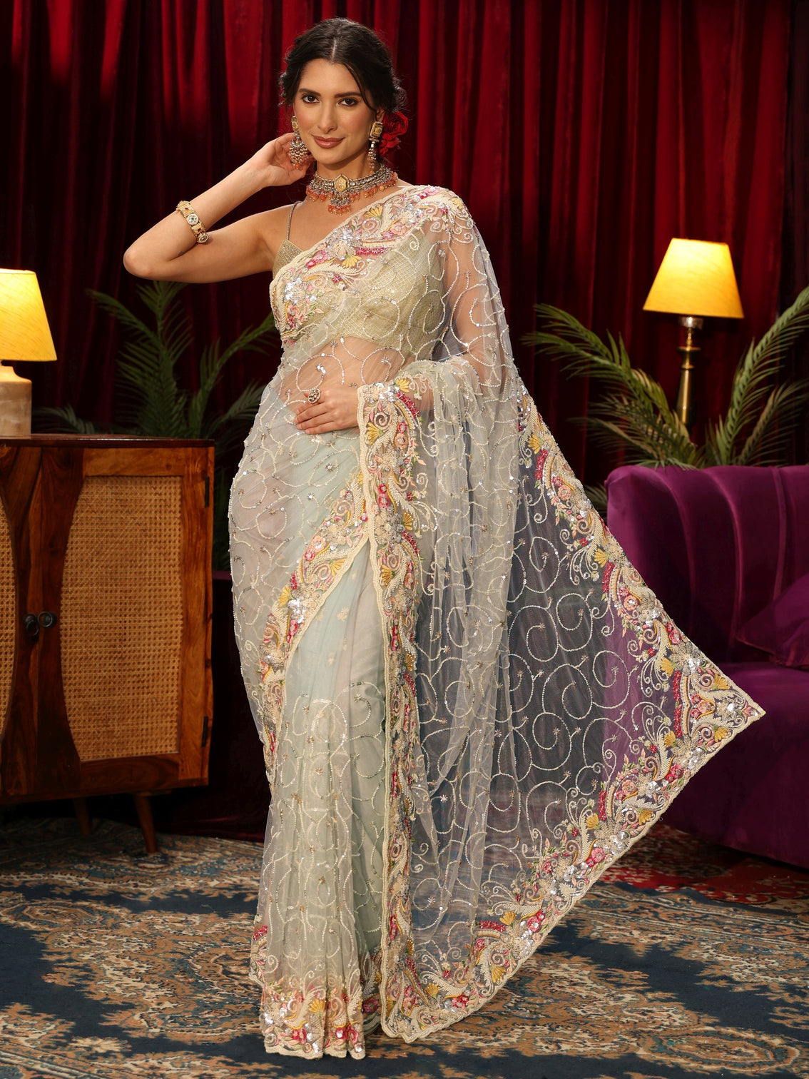 Mameraa Art Ice Blue Floral Embellished Net Saree