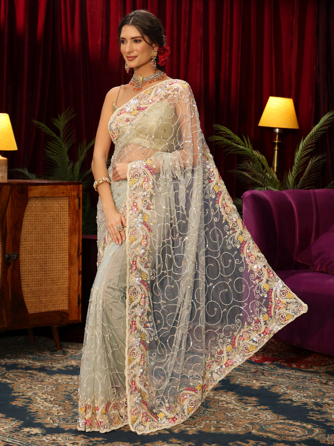 Mameraa Art Ice Blue Floral Embellished Net Saree