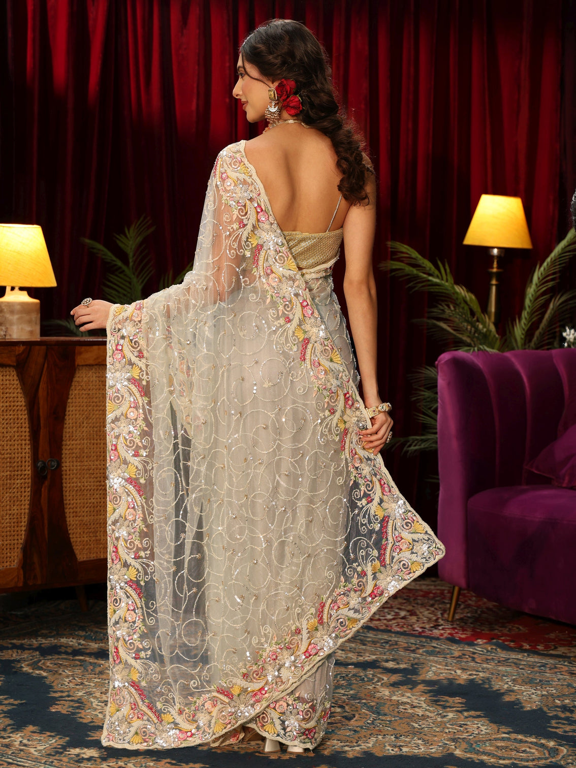 Mameraa Art Ice Blue Floral Embellished Net Saree