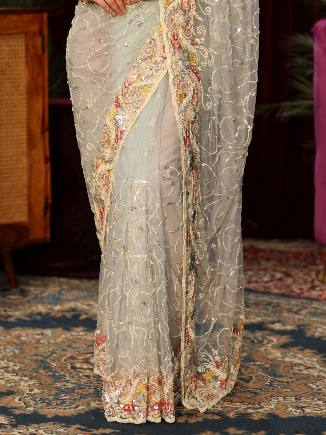 Mameraa Art Ice Blue Floral Embellished Net Saree