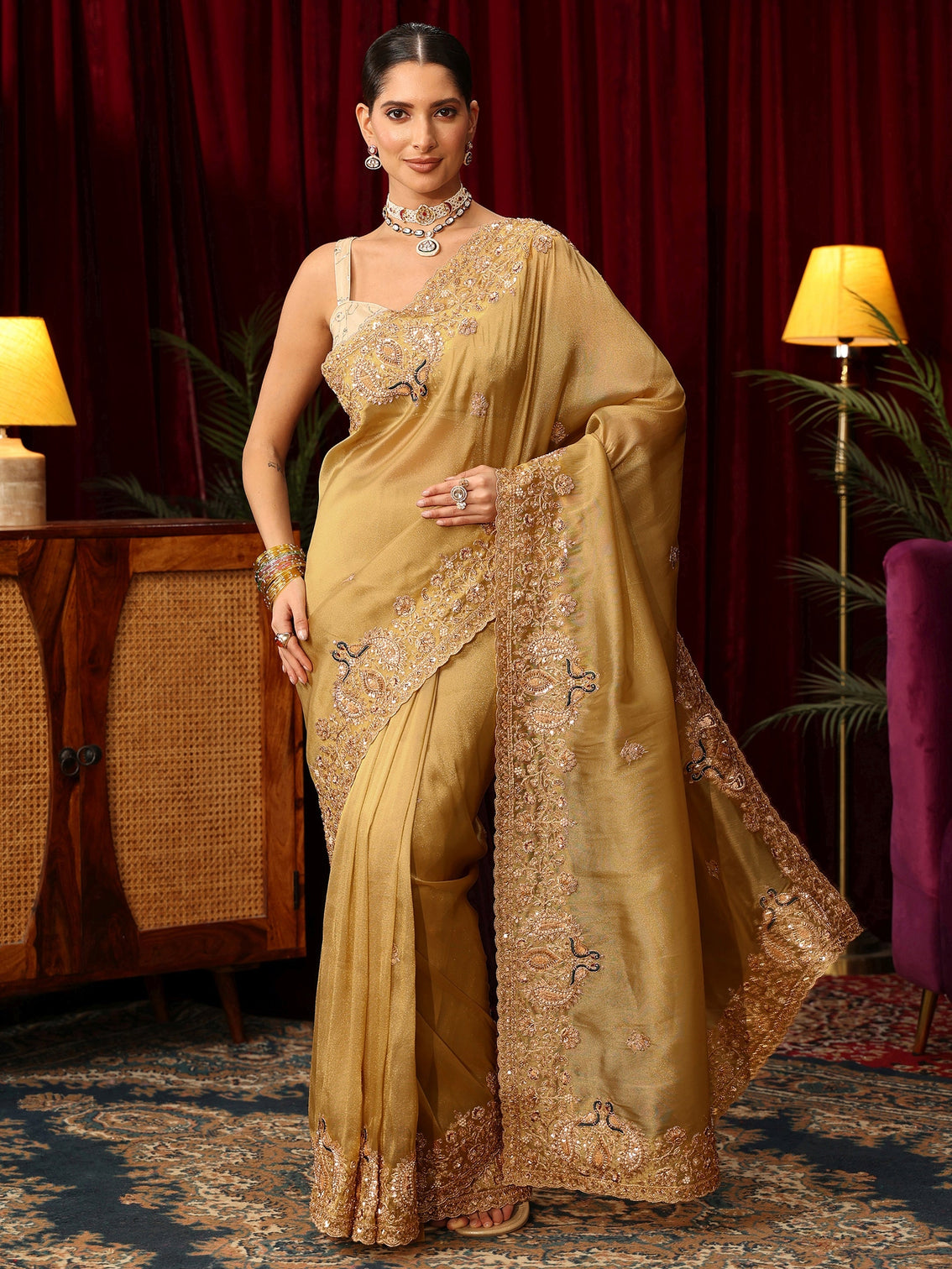 Mameraa Art Mustard Tissue Saree with Sequin and Zari Embellished Border