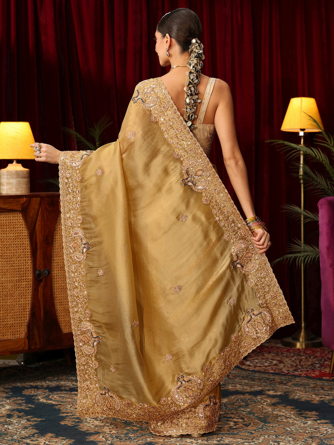 Mameraa Art Mustard Tissue Saree with Sequin and Zari Embellished Border