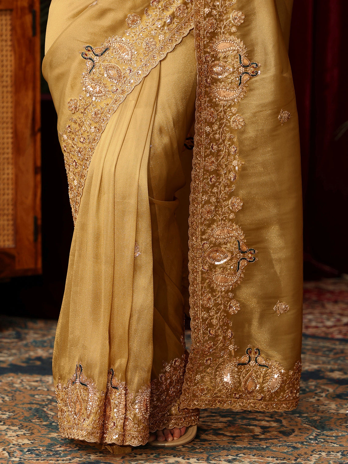 Mameraa Art Mustard Tissue Saree with Sequin and Zari Embellished Border