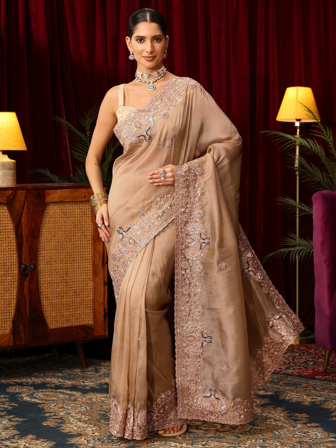 Mameraa Art Golden Tissue Saree with Sequin and Zari Embellished Border
