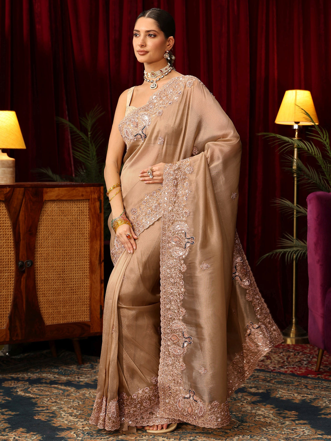 Mameraa Art Golden Tissue Saree with Sequin and Zari Embellished Border