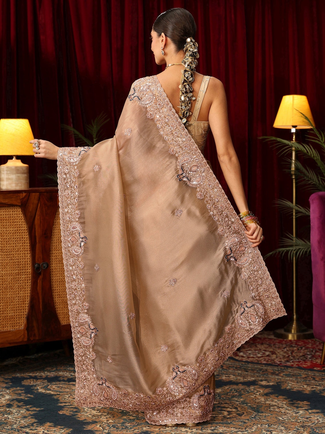 Mameraa Art Golden Tissue Saree with Sequin and Zari Embellished Border