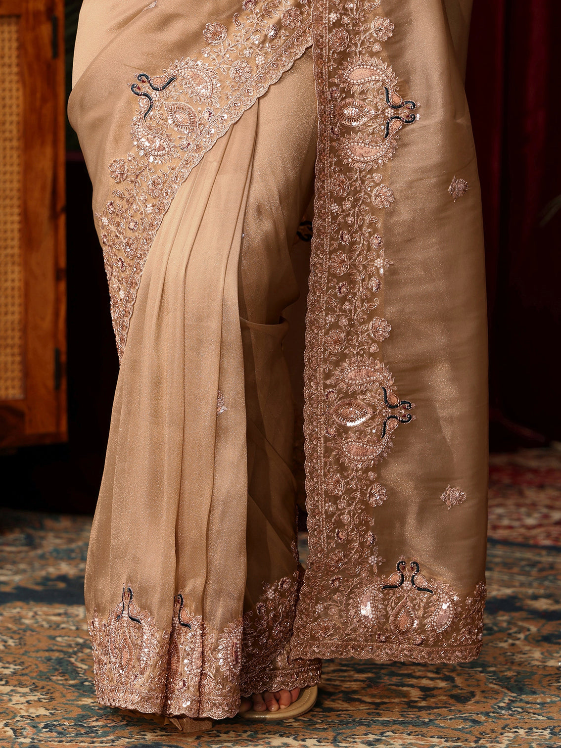 Mameraa Art Golden Tissue Saree with Sequin and Zari Embellished Border