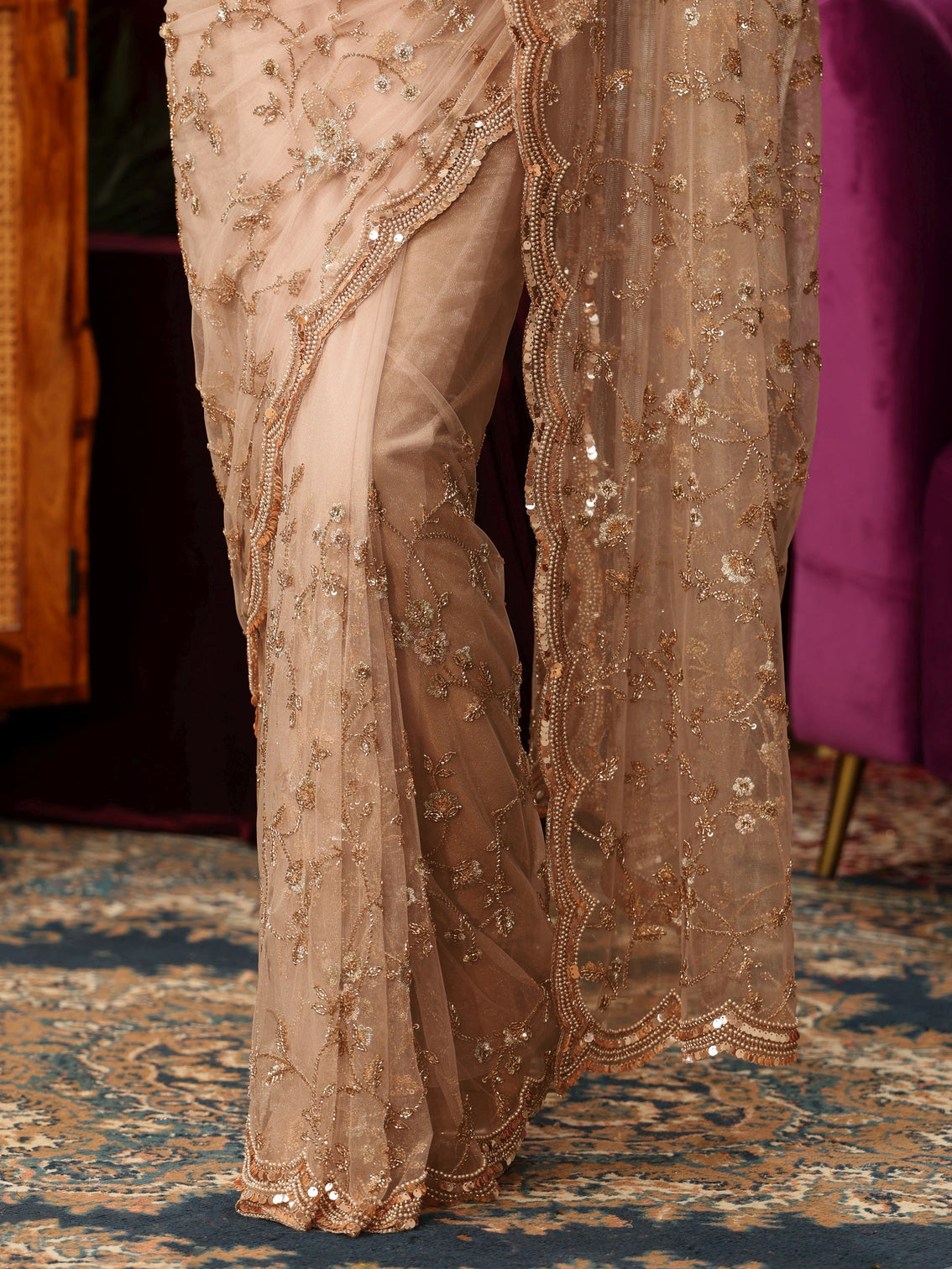 Mameraa Art Taupe Floral Sequin Embellished Net Saree