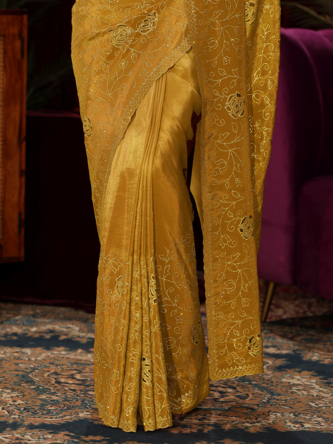 Mameraa Art Mustard Floral Stone Work Satin Saree