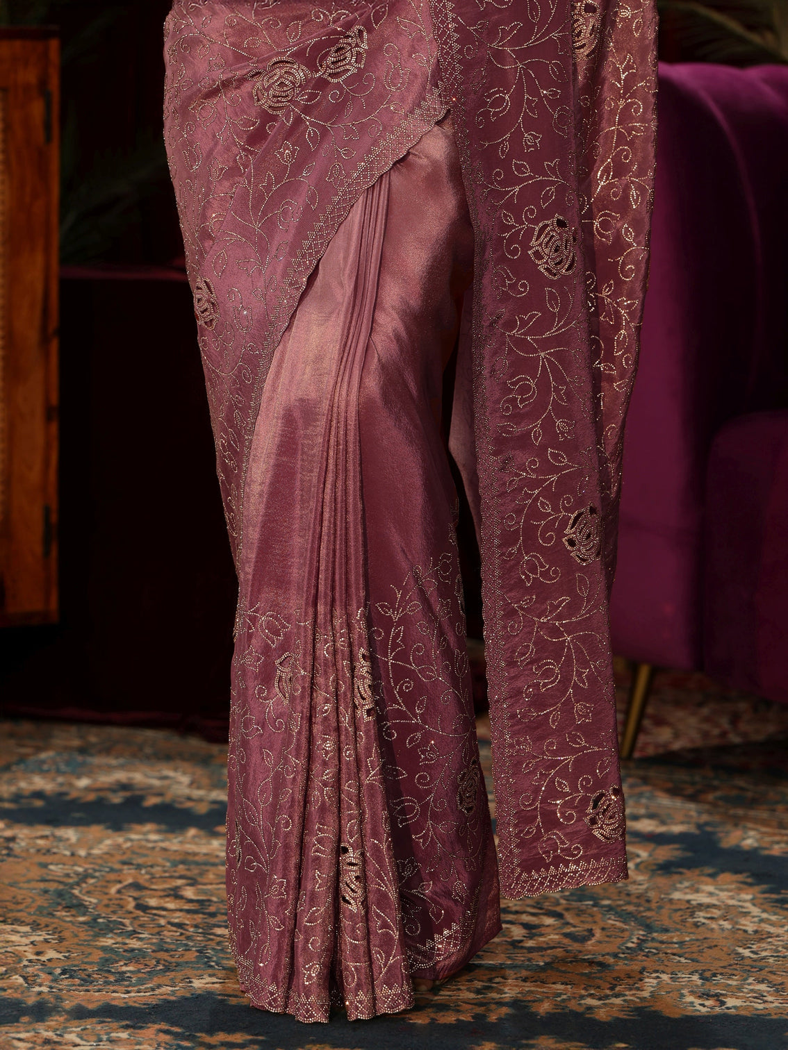 Mameraa Art Mauve Floral Stone Work Satin Saree
