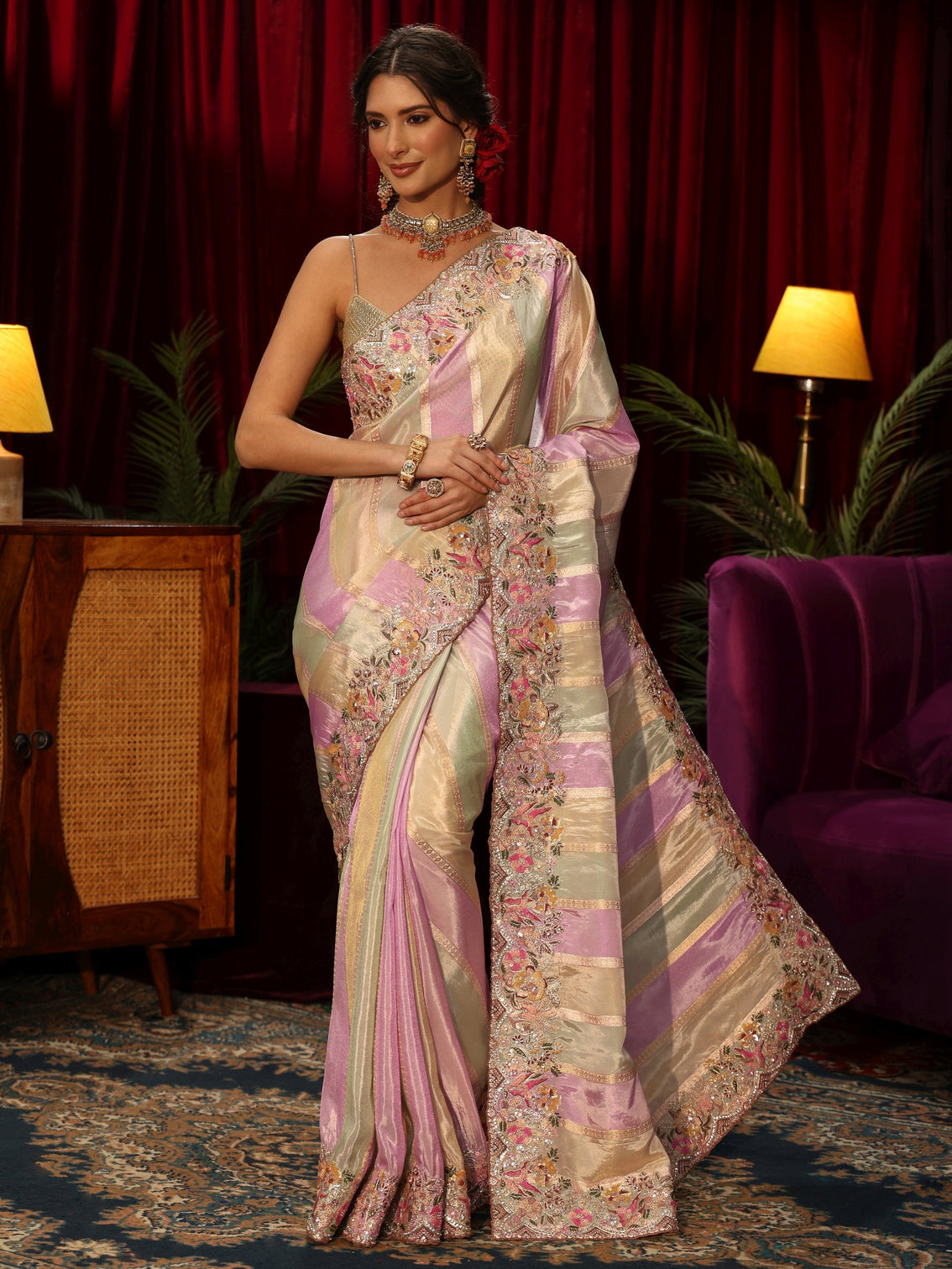 Mameraa Art Multi Colour Striped Silk Blend Saree with Embroidered Border