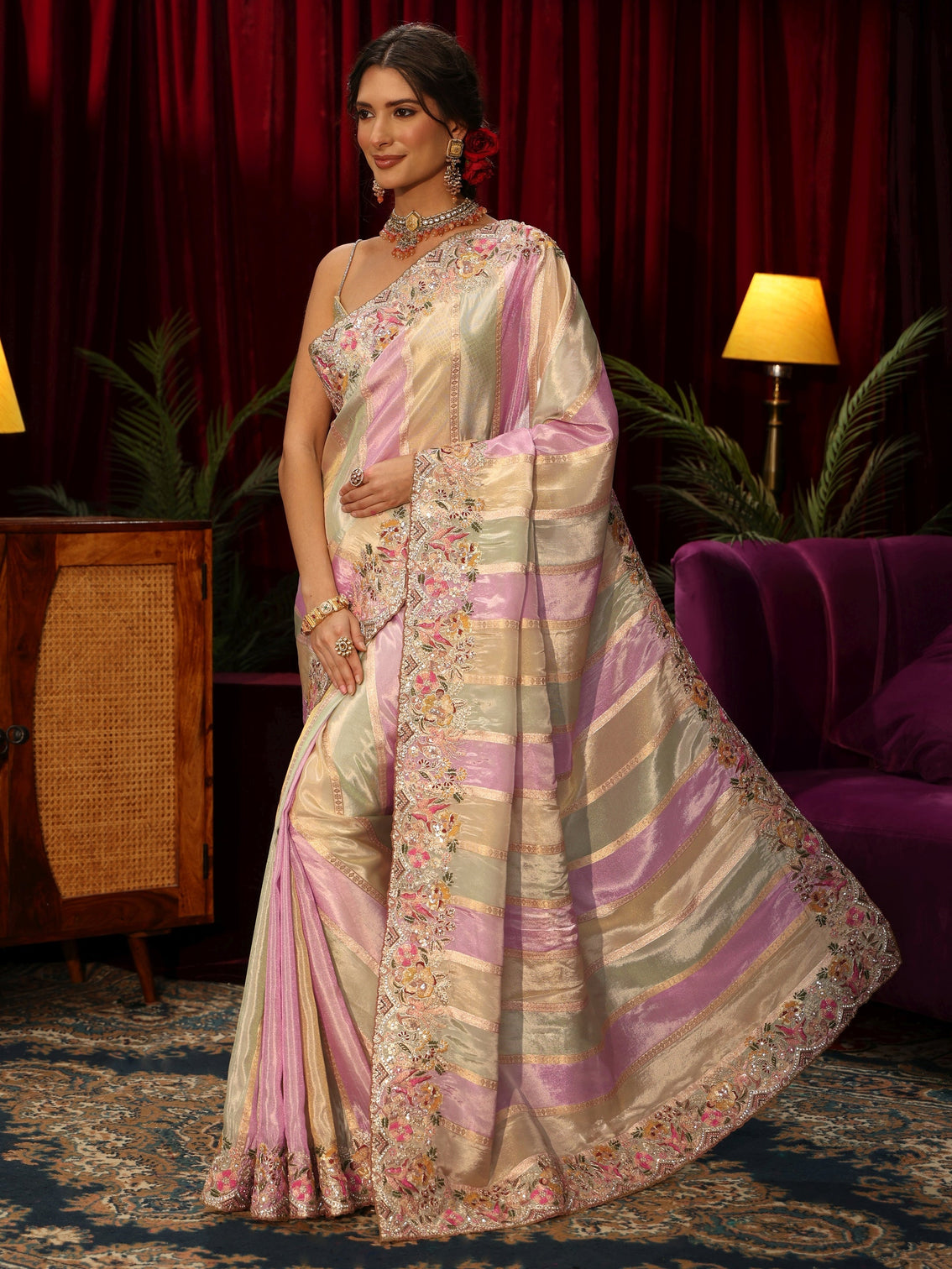 Mameraa Art Multi Colour Striped Silk Blend Saree with Embroidered Border