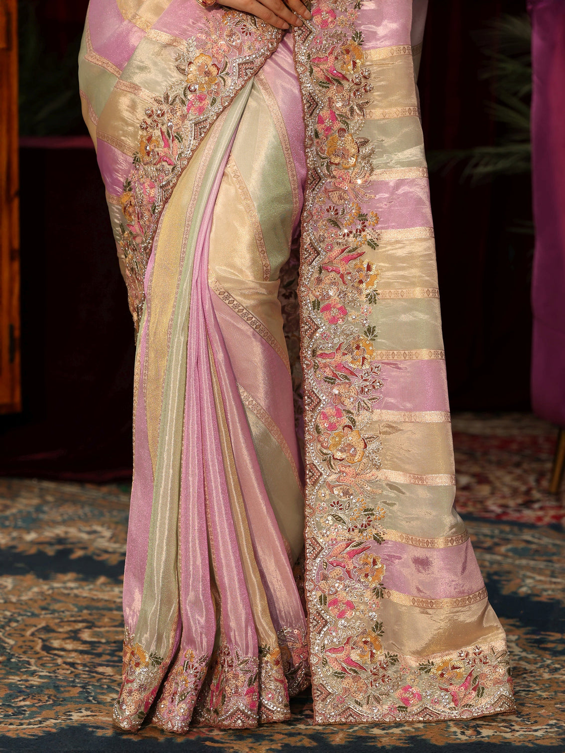 Mameraa Art Multi Colour Striped Silk Blend Saree with Embroidered Border