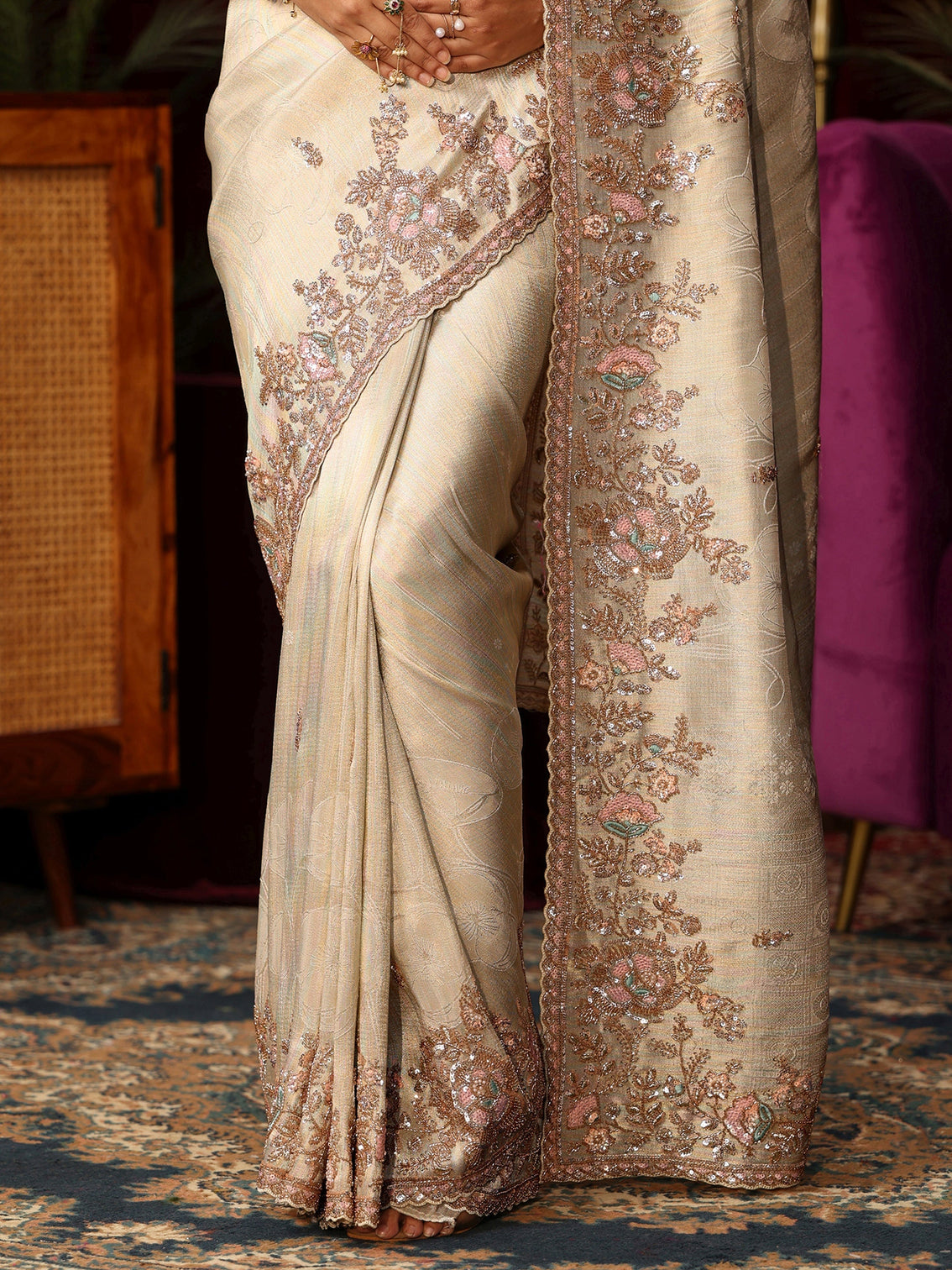 Mameraa Art Ivory Silk Blend Saree with Embellished Border