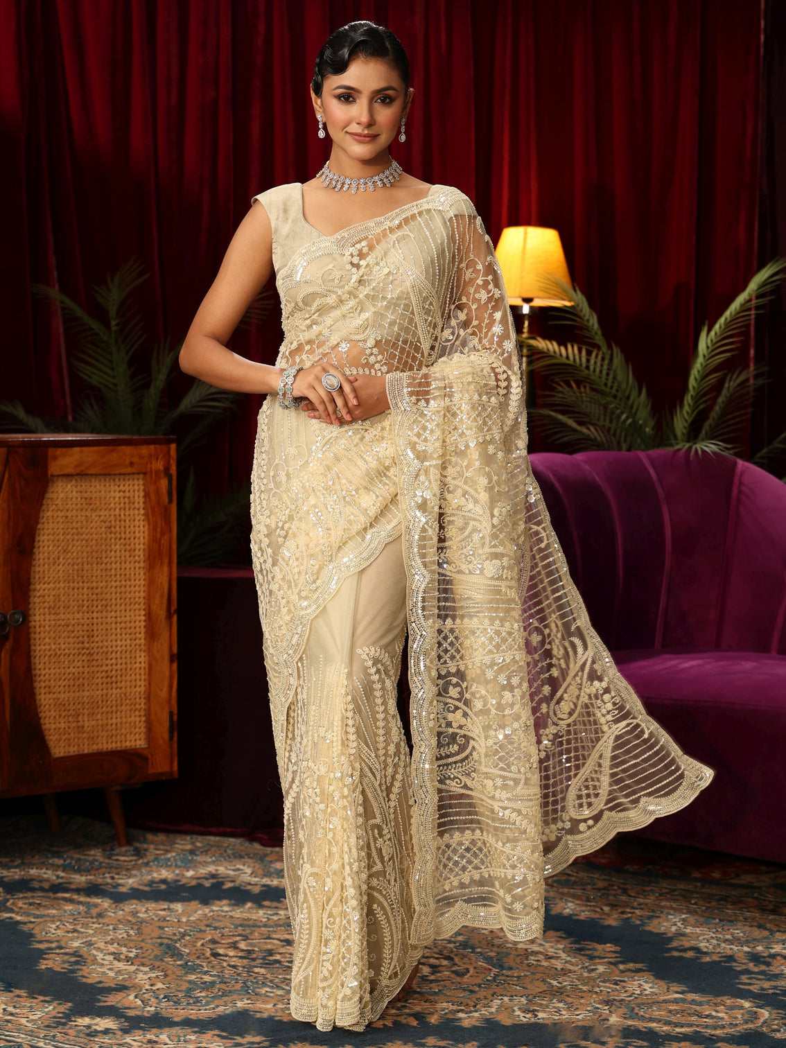 Mameraa Art Off White Floral Sequin Embellished Net Saree