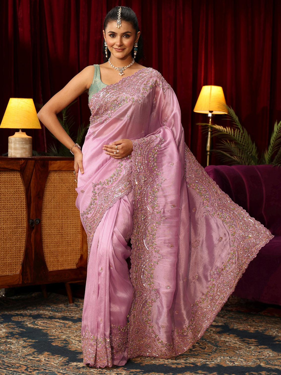 Mameraa Art Lilac Tissue Saree with Embellished Scalloped Border