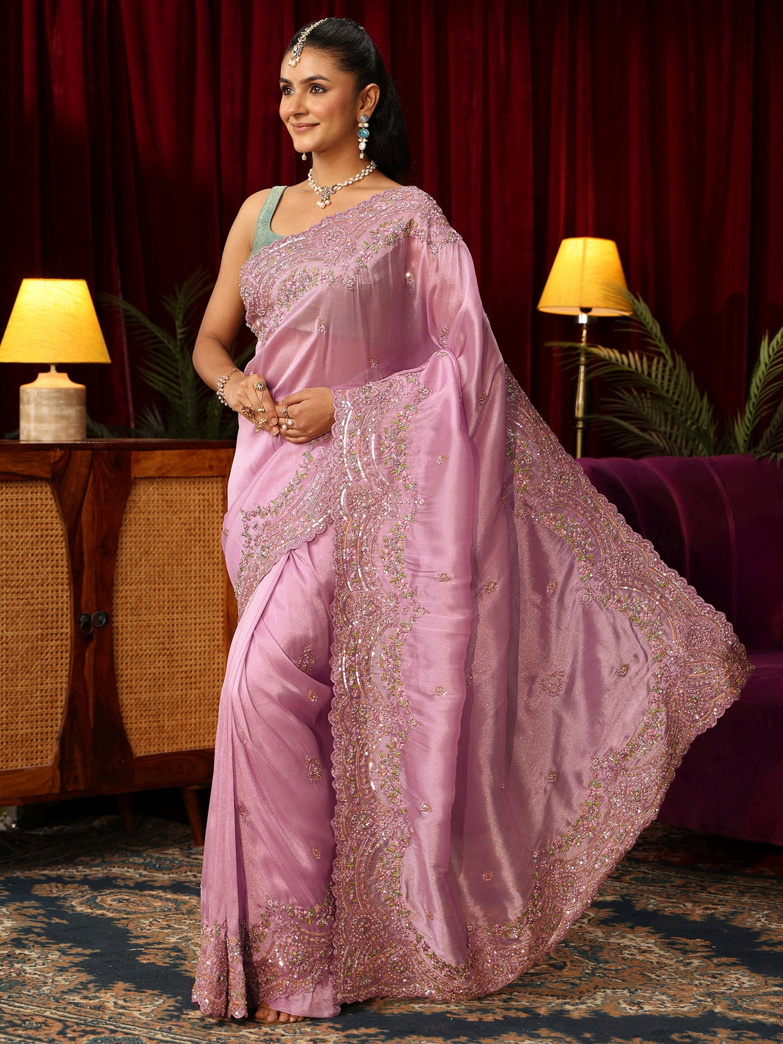 Mameraa Art Lilac Tissue Saree with Embellished Scalloped Border