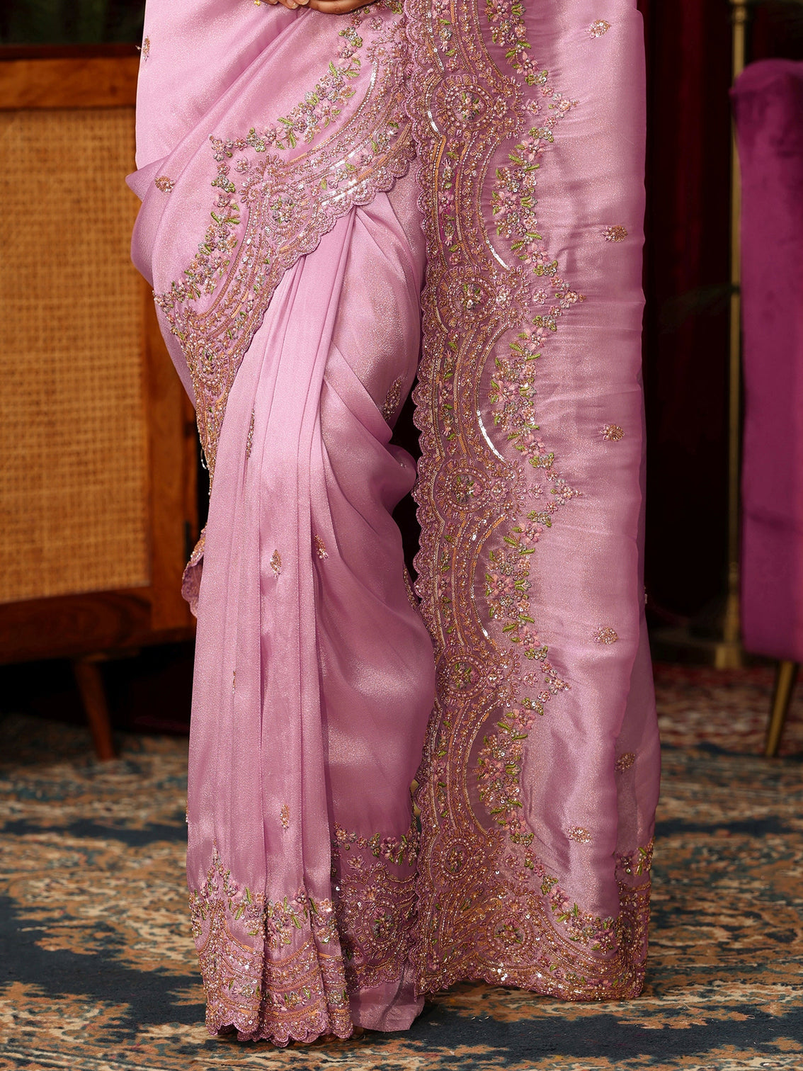 Mameraa Art Lilac Tissue Saree with Embellished Scalloped Border