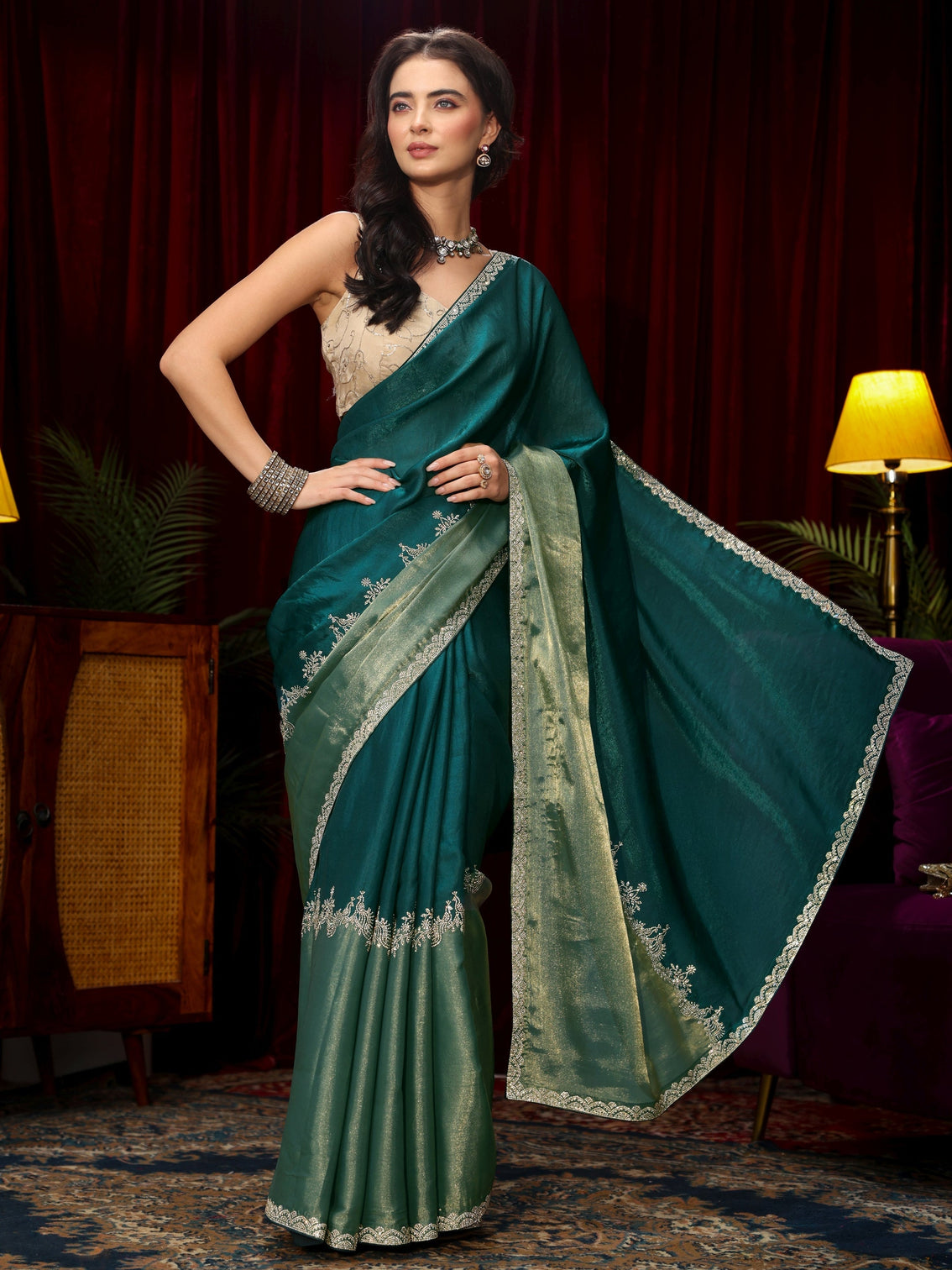 Mameraa Dark Green Floral Embellished Tissue Saree