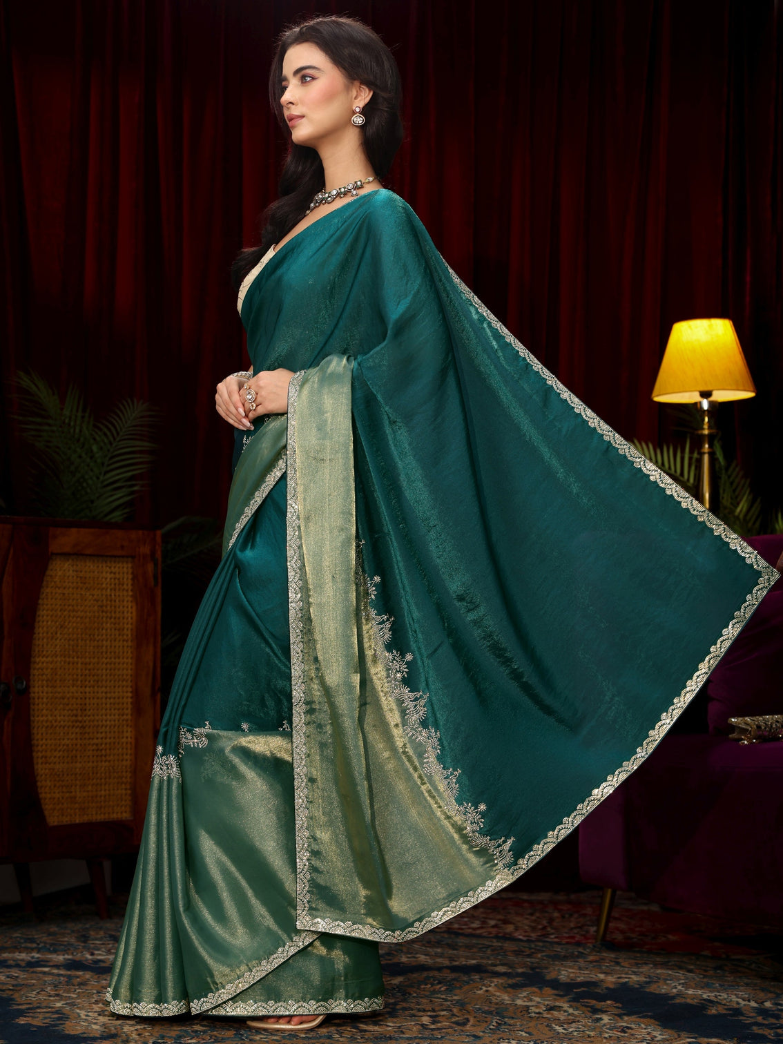 Mameraa Dark Green Floral Embellished Tissue Saree