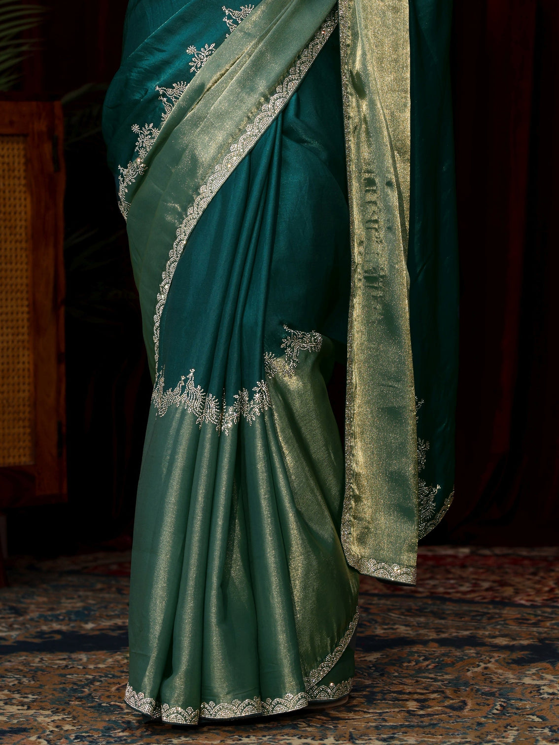 Mameraa Dark Green Floral Embellished Tissue Saree