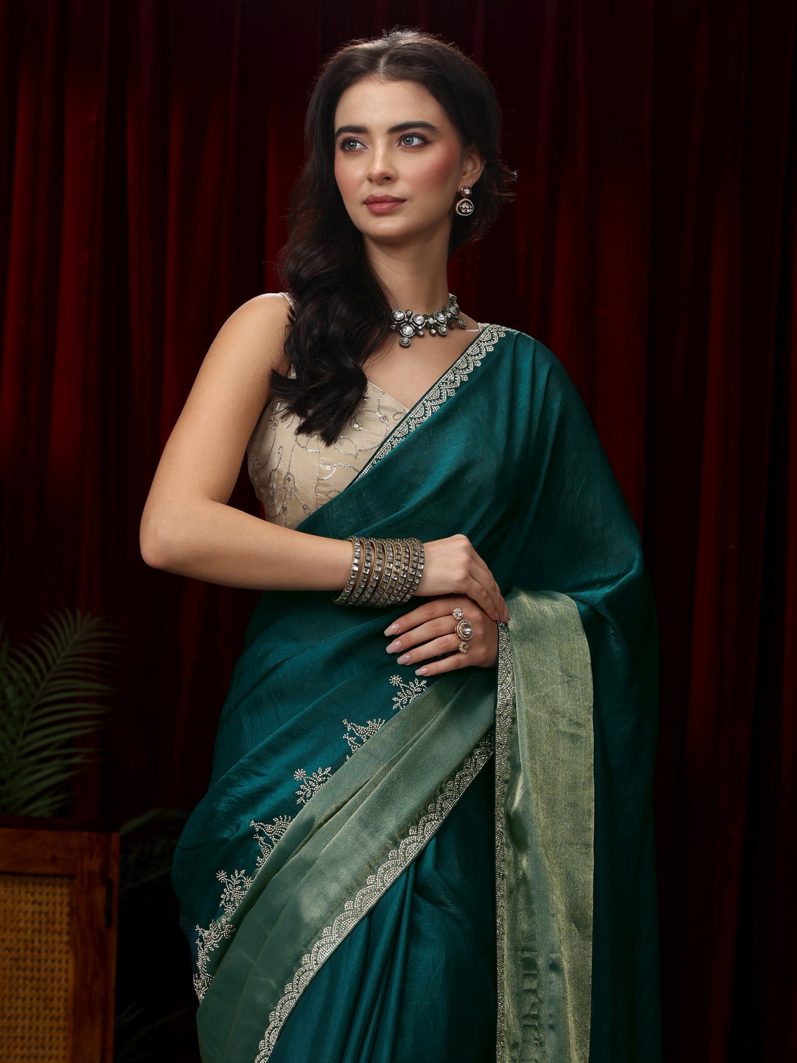 Mameraa Dark Green Floral Embellished Tissue Saree