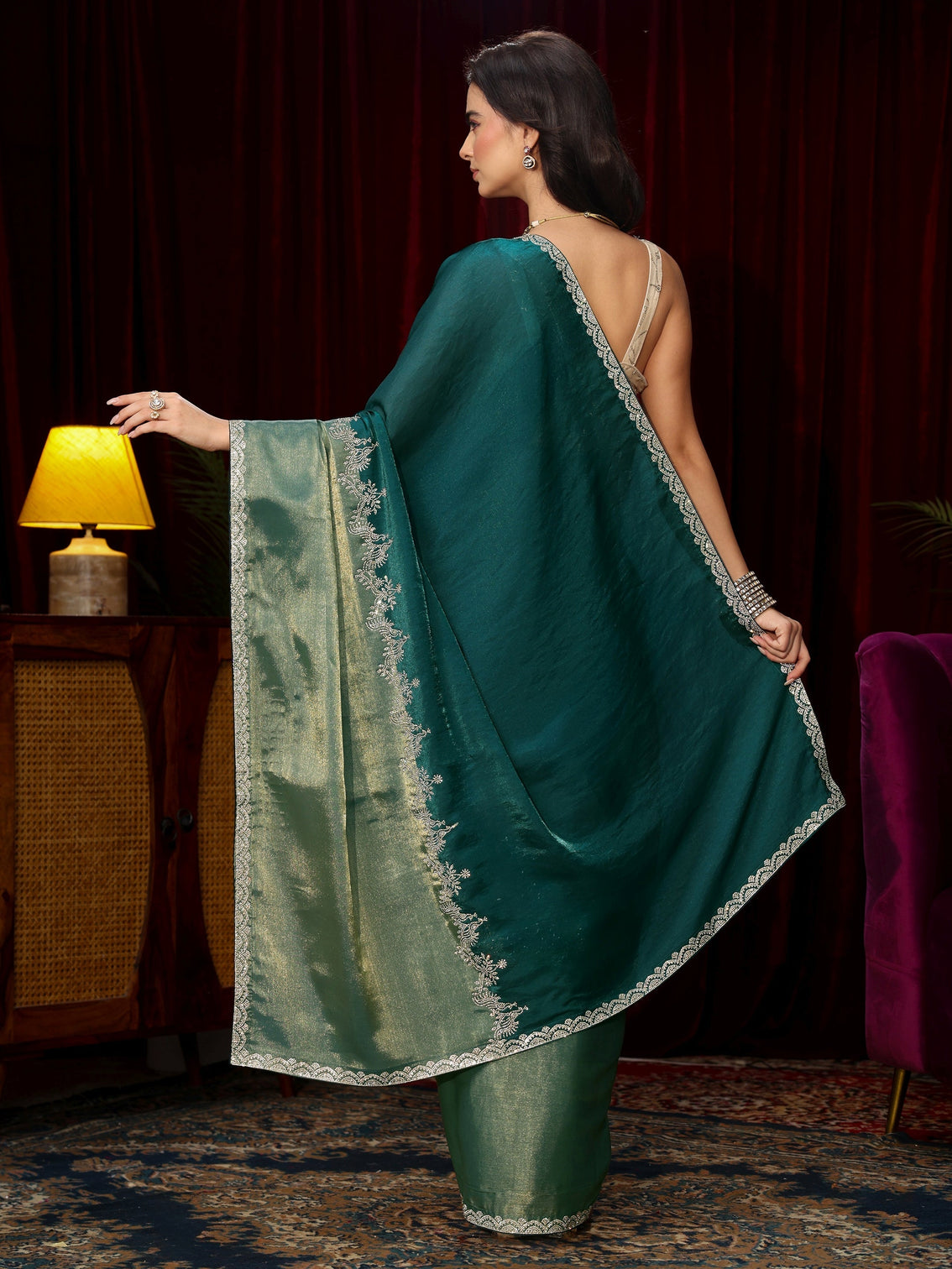 Mameraa Dark Green Floral Embellished Tissue Saree