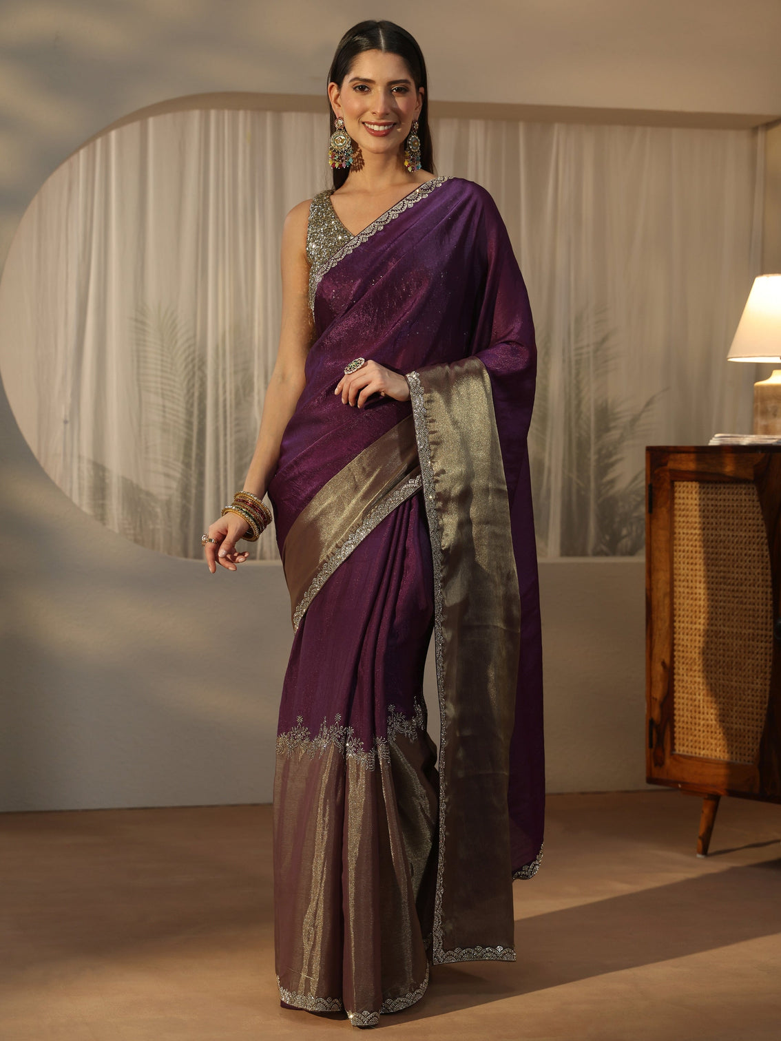 Mameraa Purple Tissue Saree with Embellished Border