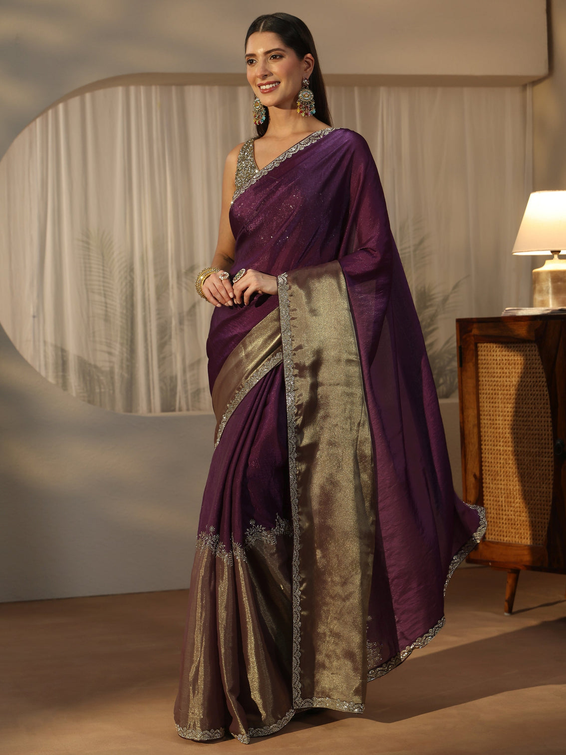 Mameraa Purple Tissue Saree with Embellished Border