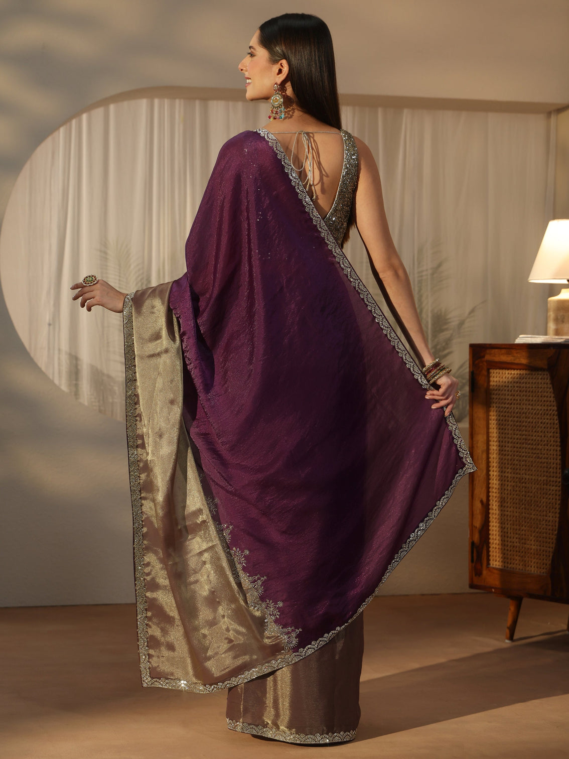 Mameraa Purple Tissue Saree with Embellished Border