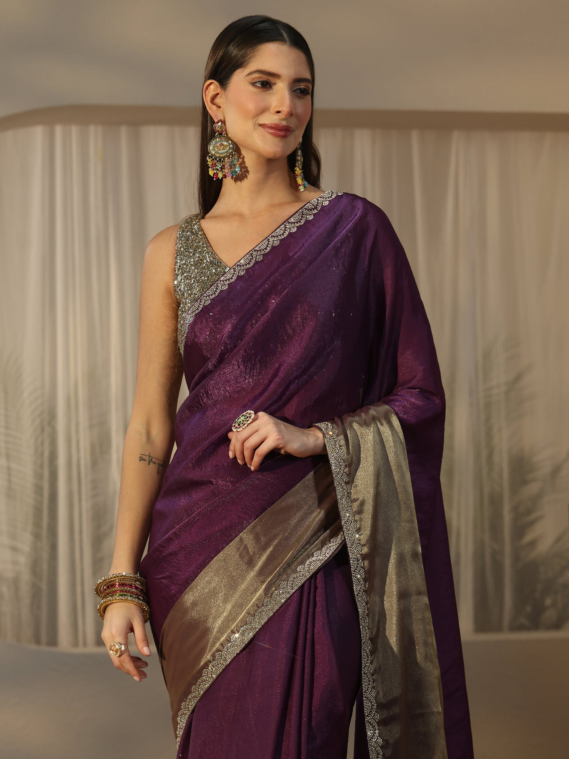 Mameraa Purple Tissue Saree with Embellished Border