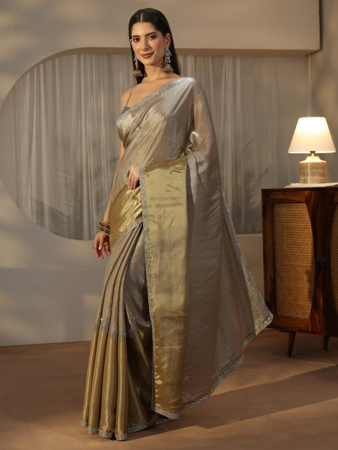 Mameraa Golden Tissue Saree with Embellished Border