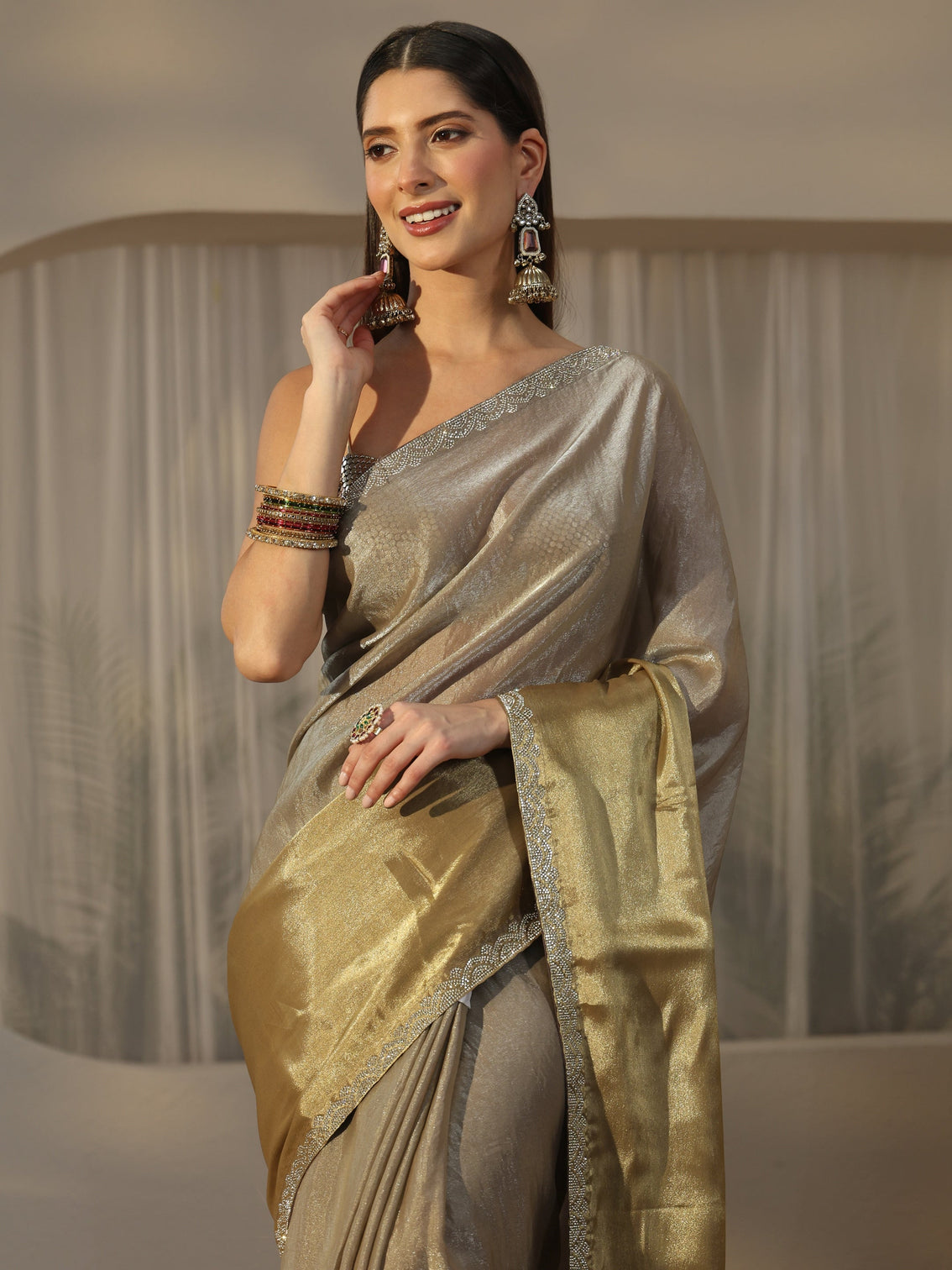 Mameraa Golden Tissue Saree with Embellished Border