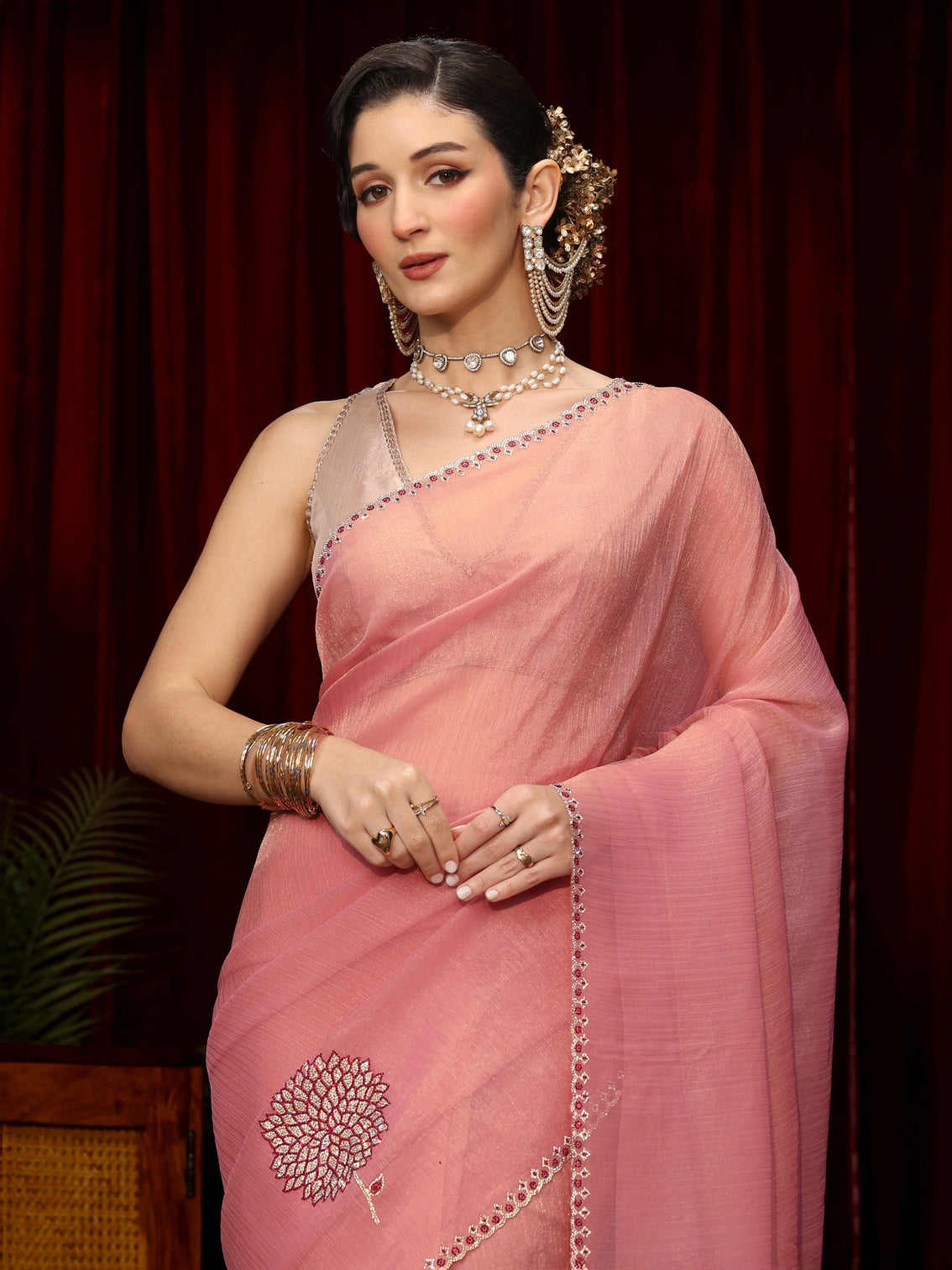 Mameraa Pink Stone Work Embellished Tissue Saree