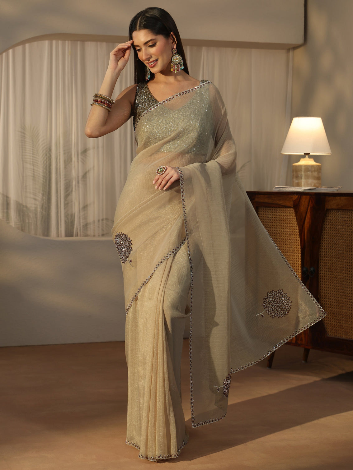 Mameraa Beige Floral Embellished Tissue Saree