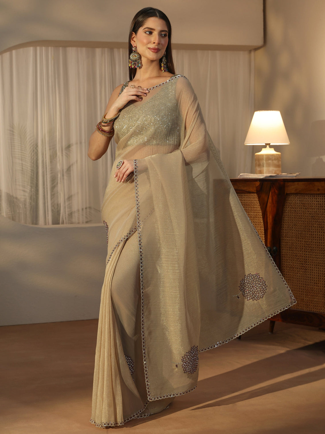 Mameraa Beige Floral Embellished Tissue Saree