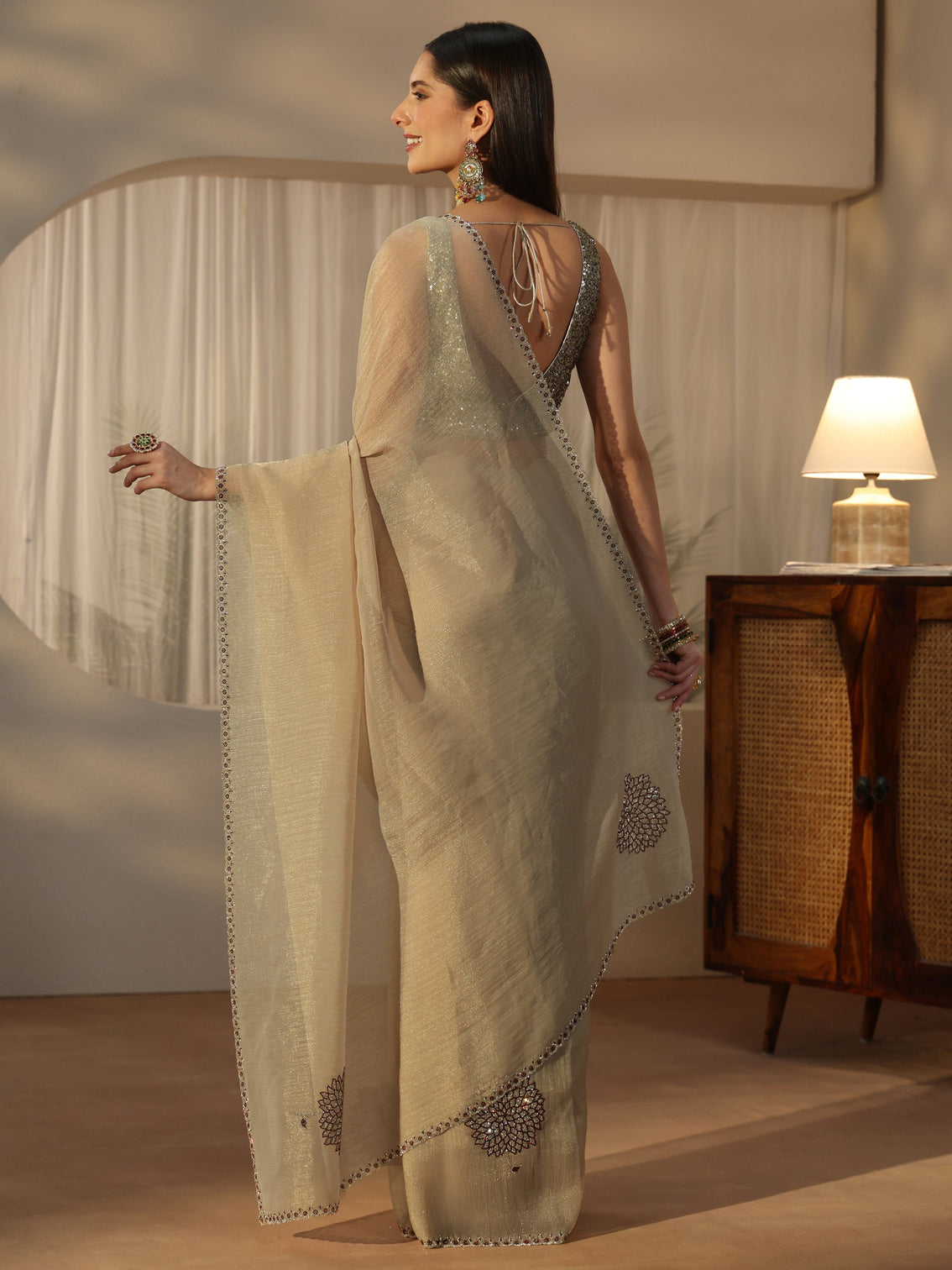 Mameraa Beige Floral Embellished Tissue Saree