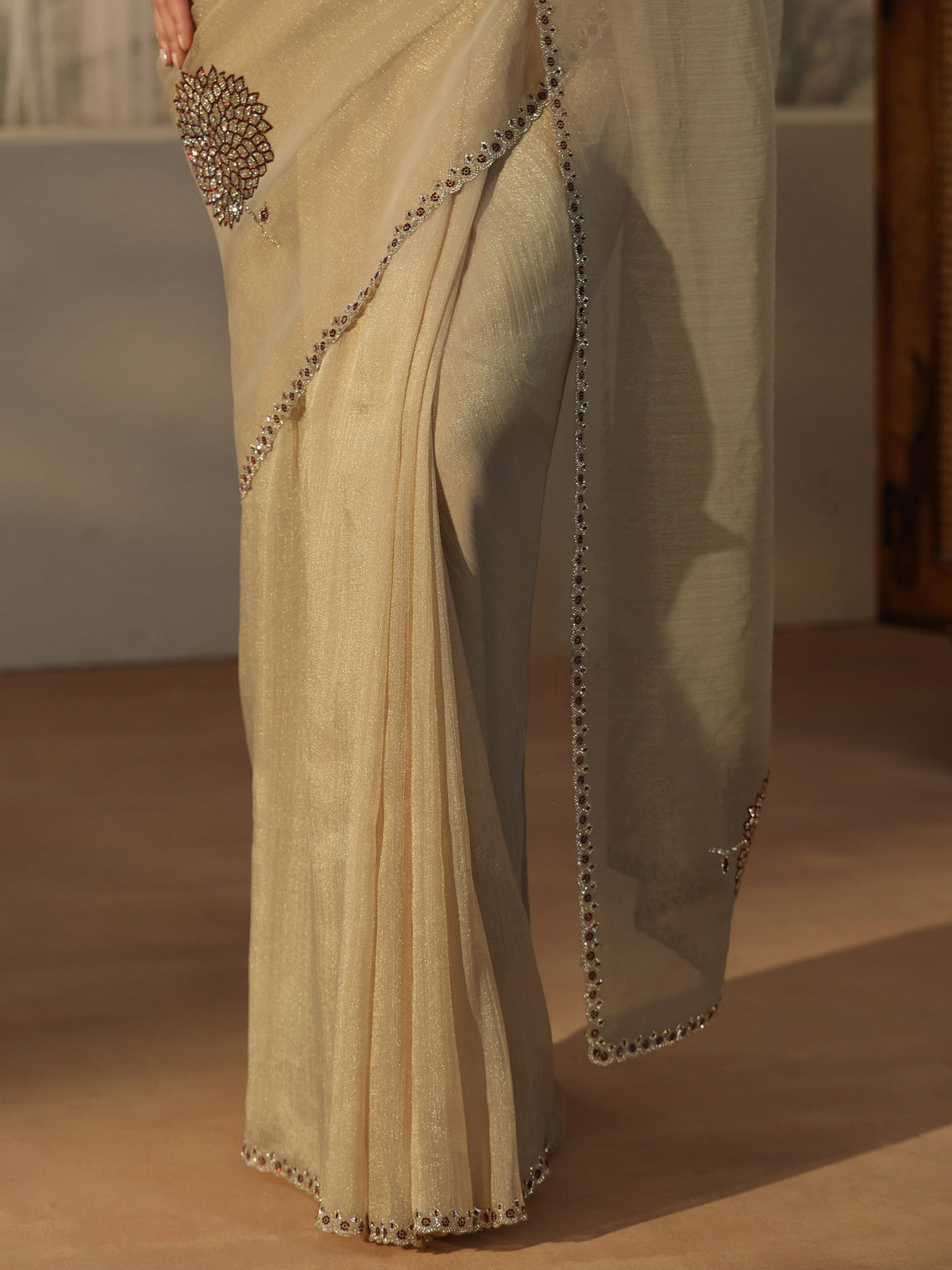 Mameraa Beige Floral Embellished Tissue Saree