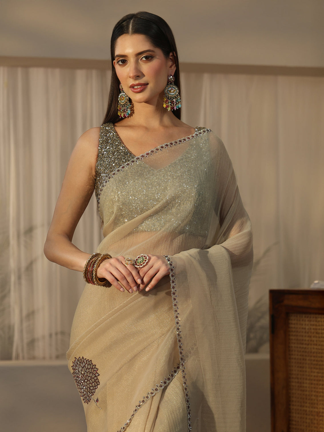 Mameraa Beige Floral Embellished Tissue Saree