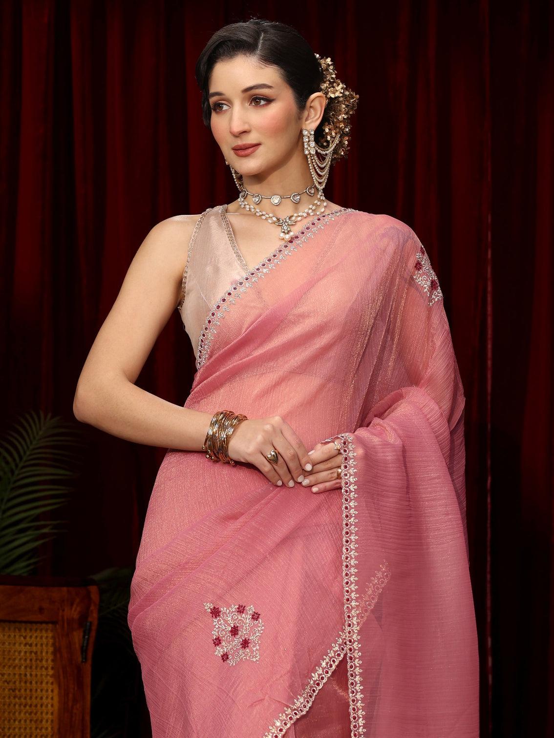 Mameraa Pink Floral Embroidered Tissue Saree