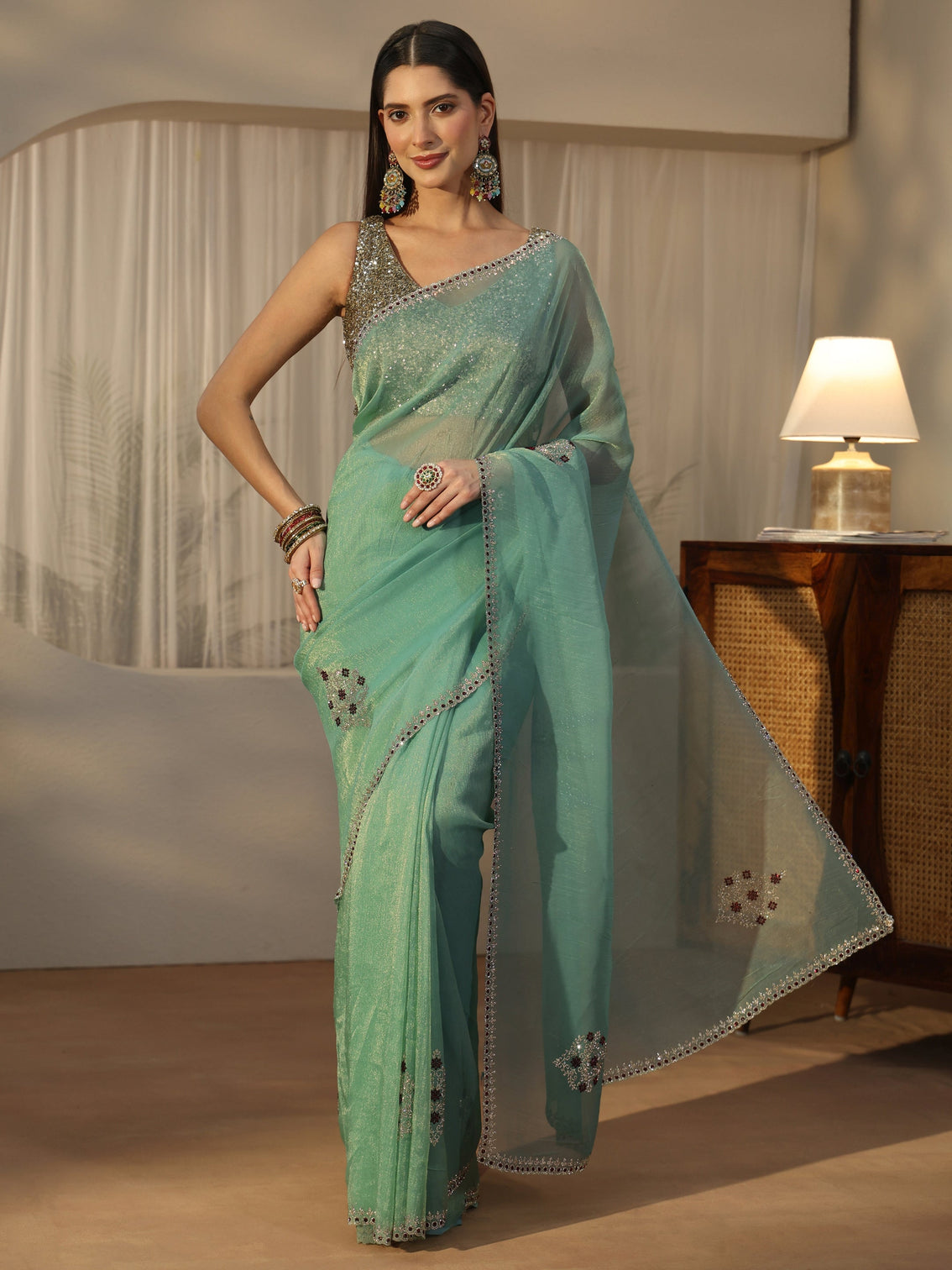 Mameraa Sea Green Floral Embellished Tissue Saree
