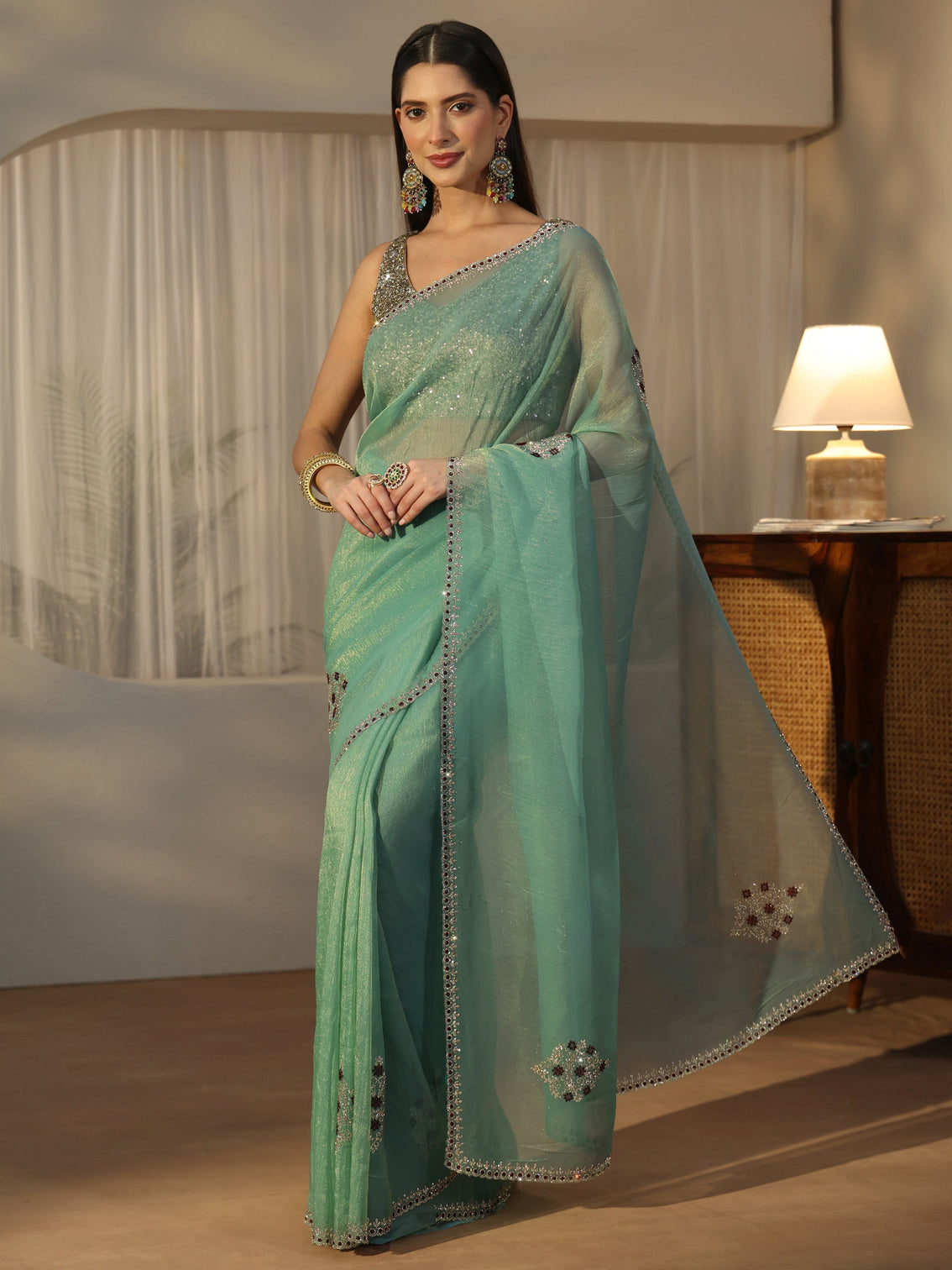 Mameraa Sea Green Floral Embellished Tissue Saree