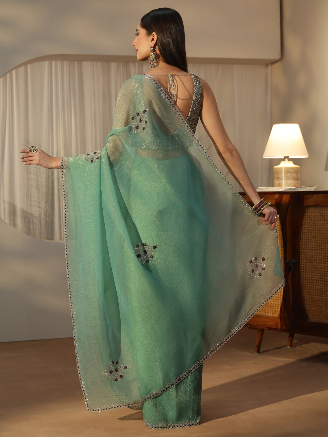 Mameraa Sea Green Floral Embellished Tissue Saree