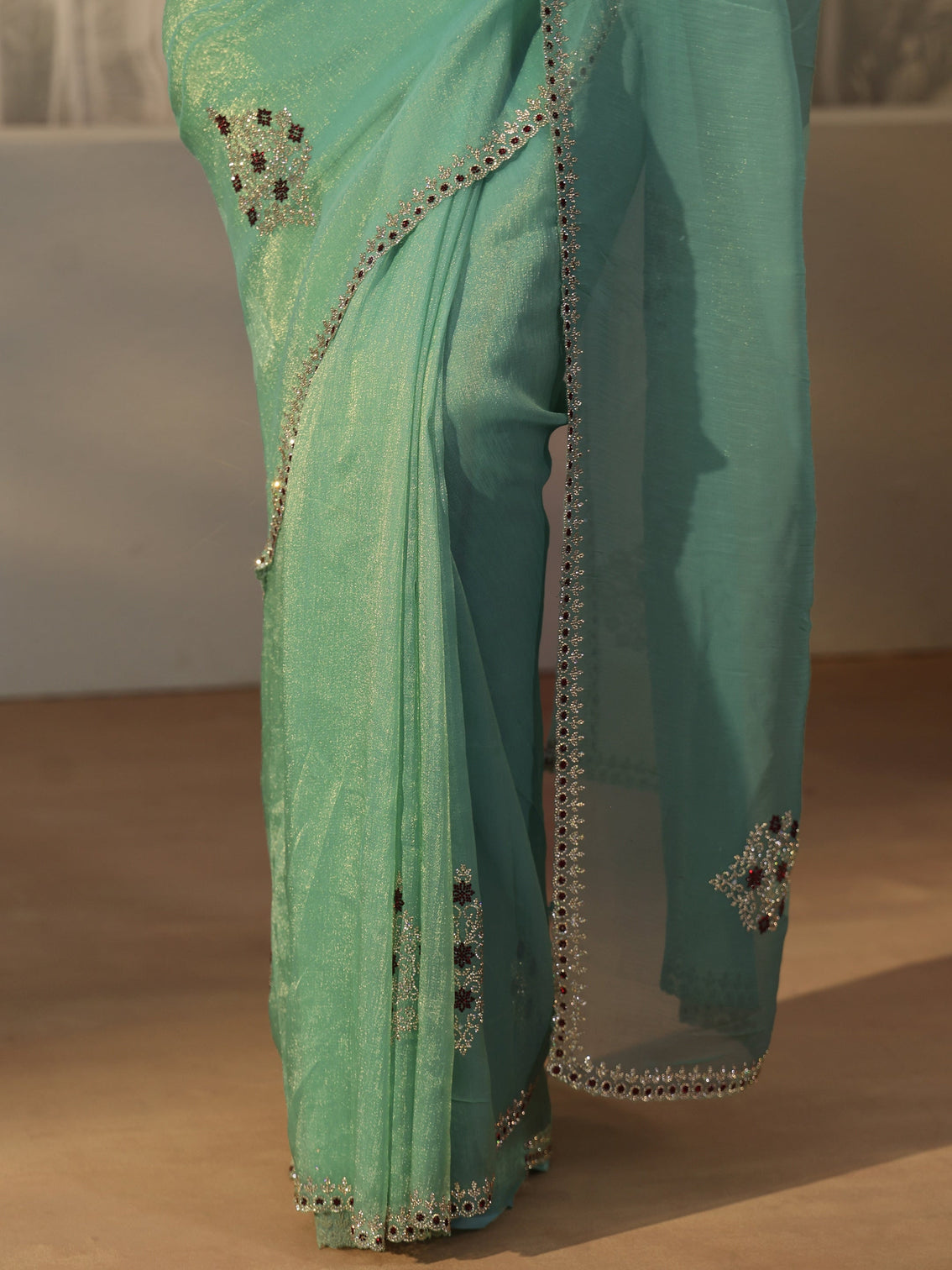Mameraa Sea Green Floral Embellished Tissue Saree